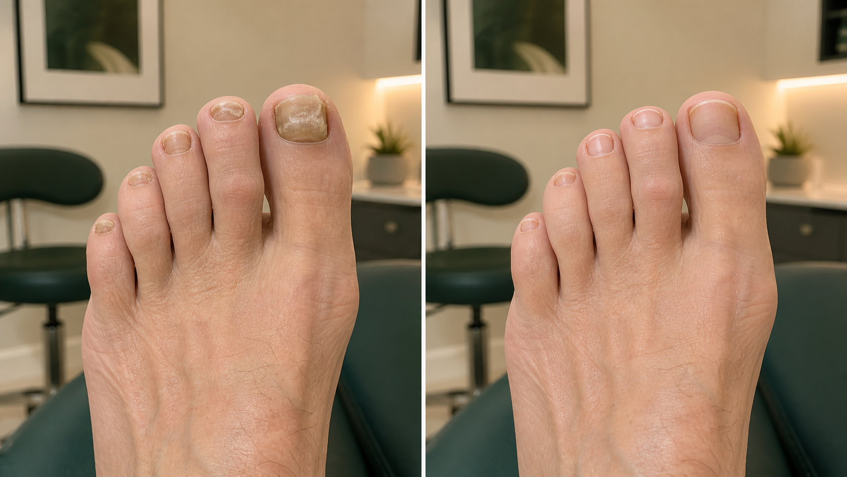 Illustrative comparison of toenails before clinical care and after professional medical cleaning